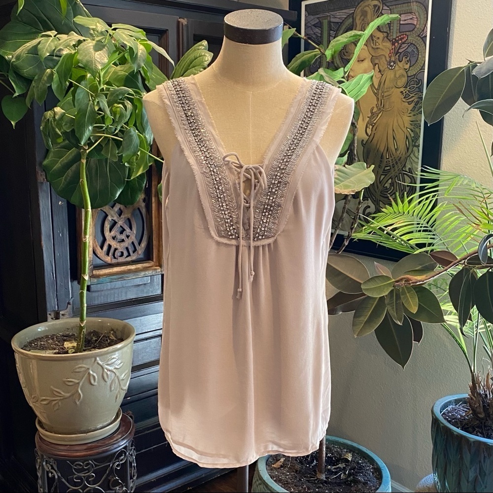 Buckle Taupe Rhinestone collar trim chiffon tank